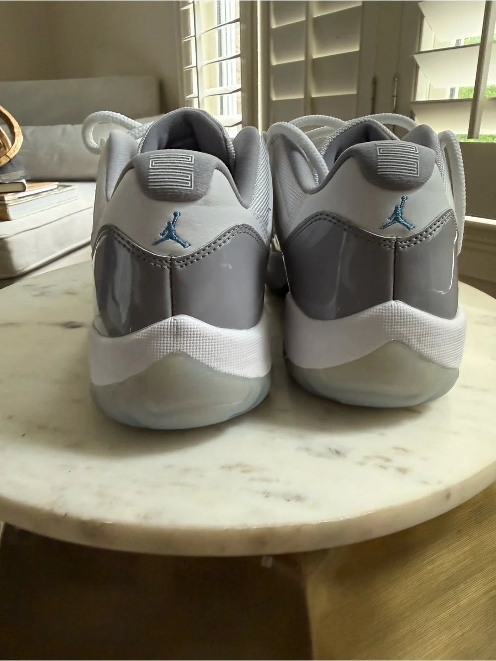 Jordan Men’s Low Top Athletic Shoes in White and Gray Patent